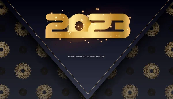 2023 Feliz Ano Novo Cartaz Férias Padrão Dourado Preto — Vetor de Stock