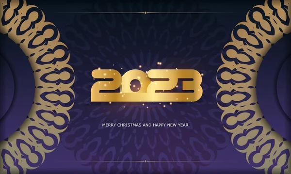 2023 Frohes Neues Jahr Urlaubsposter Goldenes Muster Auf Blau — Stockvektor