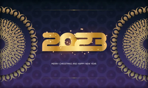Feliz Año Nuevo 2023 Saludo Bandera Patrón Dorado Azul — Vector de stock