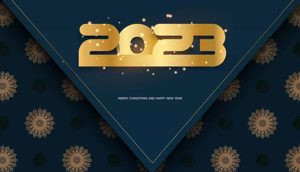 2023 Happy New Year Holiday Poster Golden Pattern Blue — Stock Vector