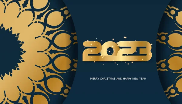 2023 Feliz Ano Novo Cartaz Saudação Cor Azul Dourada —  Vetores de Stock