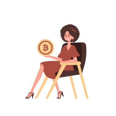 Kız bir sandalyede oturuyor ve elinde bir bitcoin tutuyor. Modern tarzda bir karakter..