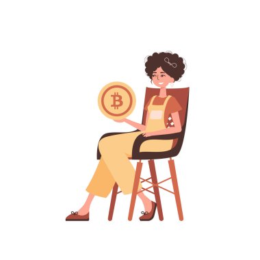Bir kadın sandalyeye oturur ve elinde bir bitcoin tutar. Moda tarzında karakter.