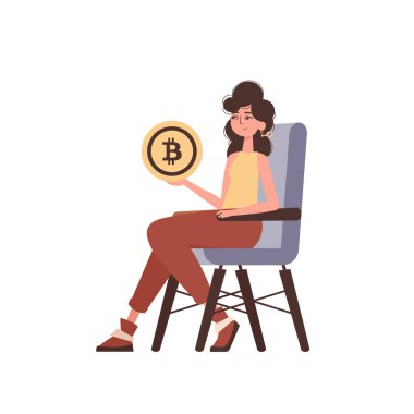 Bir kadın sandalyeye oturur ve elinde bir bitcoin tutar. Modern tarzda bir karakter..