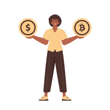 Adam elinde Bitcoin ve dolar şeklinde bozuk para tutuyordu. Modern tarzda bir karakter..