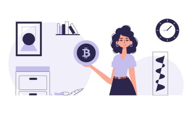 Kripto para birimi konsepti. Bir kadın elinde bitcoin para tutuyor. Modern moda tarzında karakter.