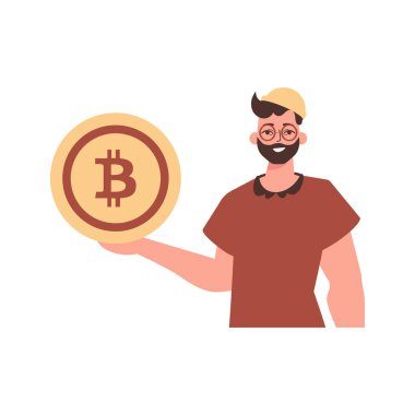 Adam elinde bir bitcoin para tutuyor. Moda tarzında karakter.