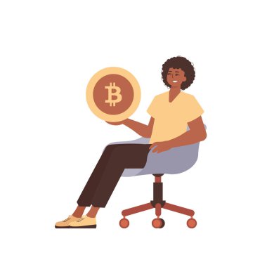 Adam sandalyede oturuyor ve elinde bir bitcoin tutuyor. Modern moda tarzında karakter.