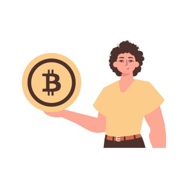 Adam elinde bozuk para şeklinde bir bitcoin tutuyor. Modern moda tarzında karakter.