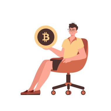 Adam sandalyede oturuyor ve elinde bir bitcoin tutuyor. Moda tarzında karakter.