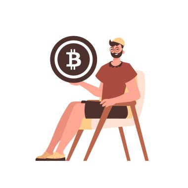 Adam sandalyede oturuyor ve elinde bozuk para şeklinde bir bitcoin tutuyor. Modern tarzda bir karakter..