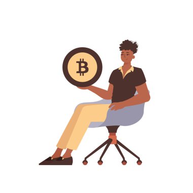 Adam sandalyede oturuyor ve elinde bir bitcoin para tutuyor. Moda tarzında karakter.