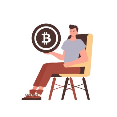 Adam sandalyede oturuyor ve elinde bozuk para şeklinde bir bitcoin tutuyor. Moda tarzında karakter.