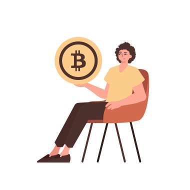 Adam sandalyede oturuyor ve elinde bir bitcoin tutuyor. Modern tarzda bir karakter..