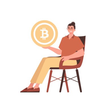 Adam sandalyede oturuyor ve elinde bozuk para şeklinde bir bitcoin tutuyor. Modern moda tarzında karakter.