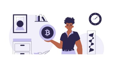 Madencilik ve bitcoin çıkarma kavramı. Bir adam elinde bir bitcoin tutuyor. Modern moda tarzında karakter.