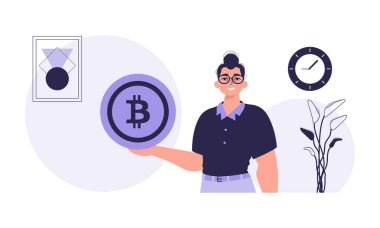 Madencilik ve bitcoin çıkarma kavramı. Bir adam elinde bozuk para şeklinde bir bitcoin tutar. Modern moda tarzında karakter.