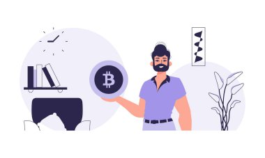 Madencilik ve bitcoin çıkarma kavramı. Bir adam elinde bir bitcoin tutuyor. Moda tarzında karakter.