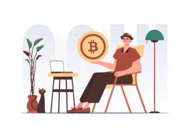 Madencilik ve bitcoin çıkarma kavramı. Adam sandalyede oturuyor ve elinde bir bitcoin tutuyor. Moda tarzında karakter.