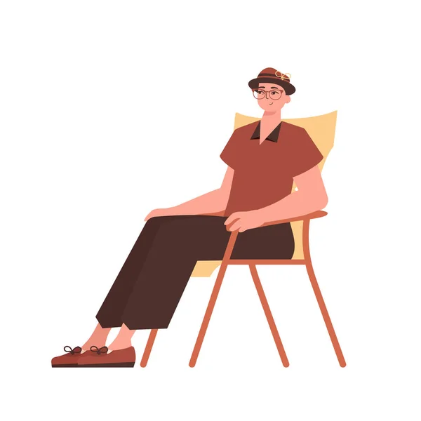 Homem Senta Numa Cadeira Confortável Personagem Com Estilo Moderno — Vetor de Stock