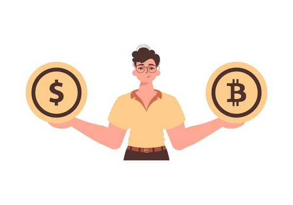 stock vector The guy holds a bitcoin and a dollar in his hands. Character with a modern style.