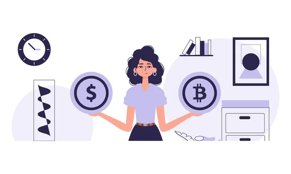 Kripto Para Birimi Konsepti Bir Kadın Elinde Bir Bitcoin Bozuk — Stok Vektör