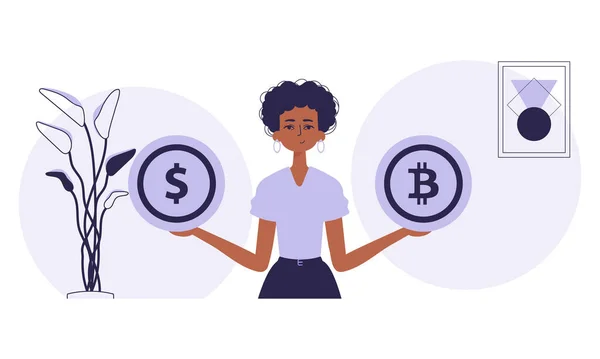 Bitcoin Madencilik Konsepti Bir Kadın Elinde Bir Bitcoin Bir Dolar — Stok Vektör