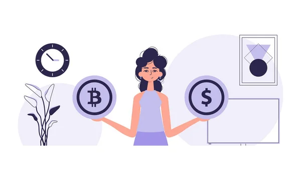 Madencilik Bitcoin Çıkarma Kavramı Bir Kadın Elinde Bir Bitcoin Bir — Stok Vektör