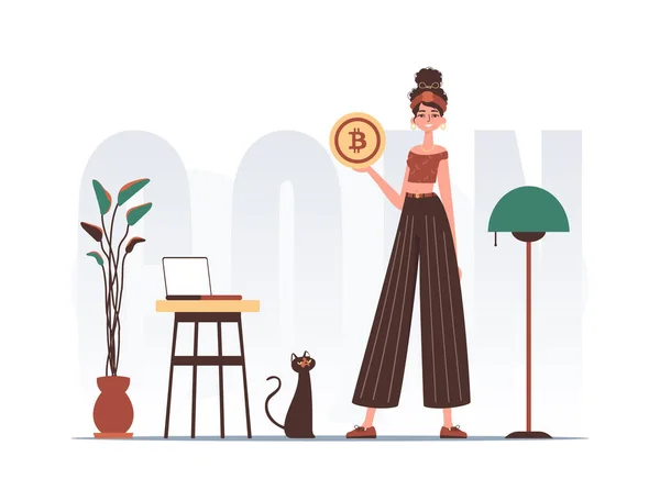 Concept Crypto Monnaie Une Femme Tient Bitcoin Dans Ses Mains — Image vectorielle
