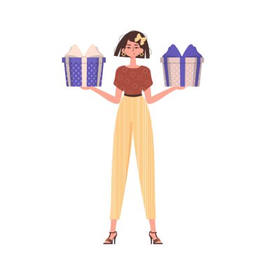 Kızın elinde bir hediye var. Moda karakter biçimi.