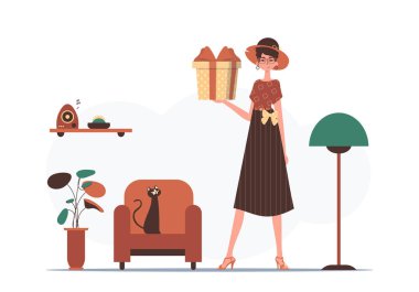 Hediye konsepti ya da yeni yıl için. Kızın elinde neşeli bir hediye kutusu var..