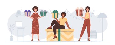 Bir grup insan ellerinde hediyeler tutuyor. Modern karakter biçimi.