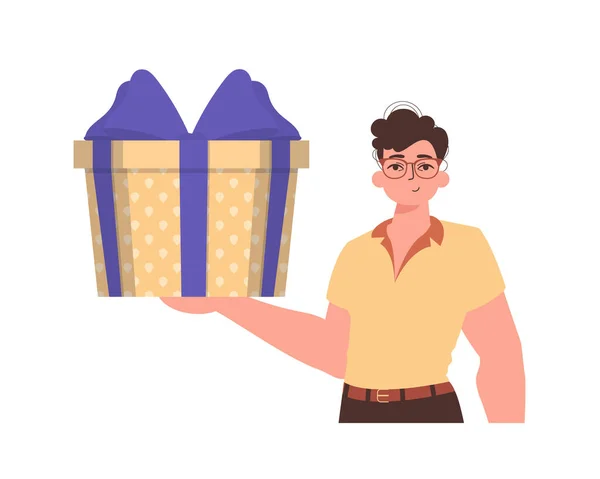 Homme Tient Une Boîte Cadeau Illustration Vectorielle Colorée Plate Moderne — Image vectorielle