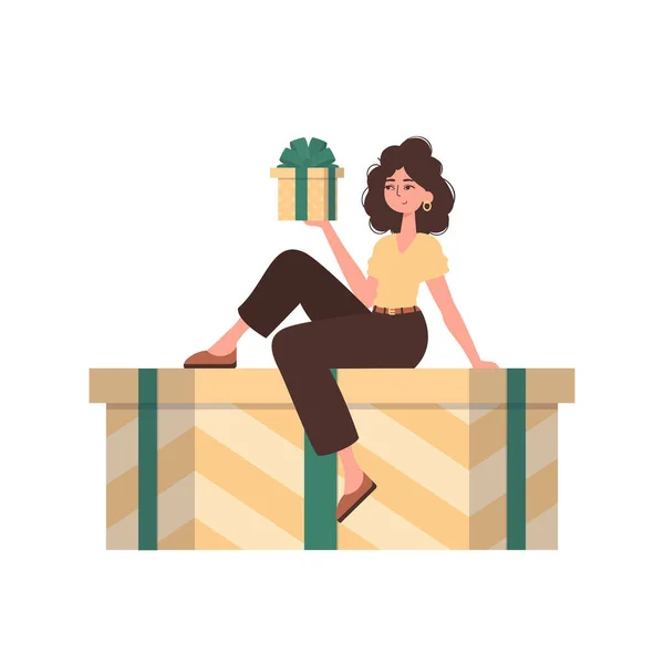 Eine Frau Sitzt Auf Einem Geschenk Moderner Charakterstil — Stockvektor