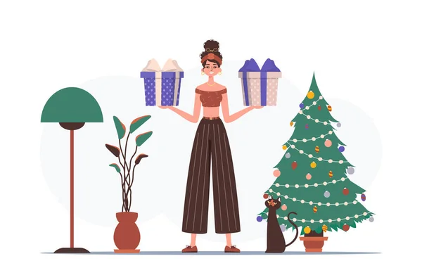 Concept Cadeau Pour Noël Nouvel Une Jeune Femme Tient Cadeau — Image vectorielle