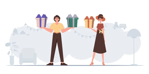 stock vector The guy and the girl are holding gifts. The concept of holiday greetings for Valentine's Day.