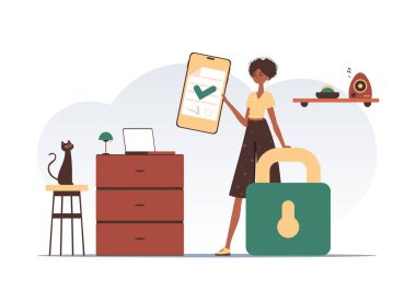 Akıllıca bir anlaşma. Veri koruması. Kızın elinde bir belge var. Modern biçim karakteri.