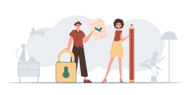 Adam ve kız kontrat imzaladılar. Veri imzalama ve koruma kavramı. Akıllı sözleşme. Modern biçim karakteri.