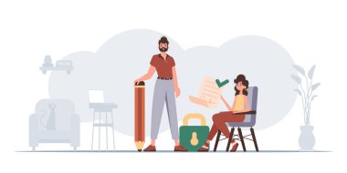 Adam ve kız belgeyi imzalıyor. Veri imzalama ve koruma kavramı. Akıllı sözleşme. Modern moda tarzı.
