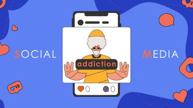 İnternet bağımlısı afişi. Adam sosyal ağlardaki tepkisizlik ve beğeni eksikliği yüzünden üzgün..