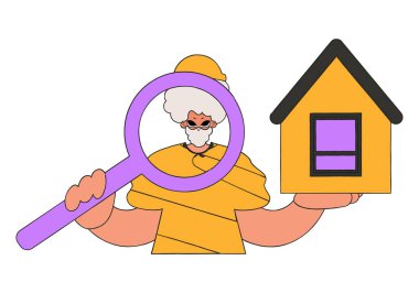 Erkek emlakçı elinde bir ev ve büyüteç tutuyor. Ev sahipliği..