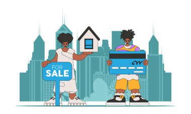 Gayrimenkule yatırım kavramı. Erkek ve kız çekici emlakçı bir ev satıyor..