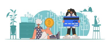 Kripto para yönetimi konsepti. İnsanlar bitcoin ile etkileşime girer.