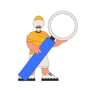 Bir adam elinde büyüteç tutuyor. Bilgi ara. Doğrusal geçmişe dönük karakter.