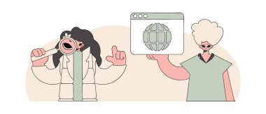 Bilgi arayan bir erkek ve bir kızın parlak ve şık bir tasviri. Modern karakter biçimi.