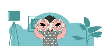 İK teması. Çekici adam dürbünle bakar..