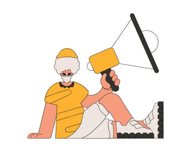 Stylish man sits on the floor and holds a megaphone.