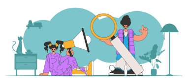 Vector illustration of HR specialist team. A young girl sits in a chair and holds a megaphone.