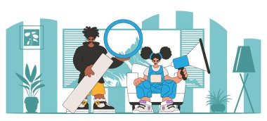 Vector illustration of HR representative team. A young girl sits in a chair and holds a megaphone in her hand.