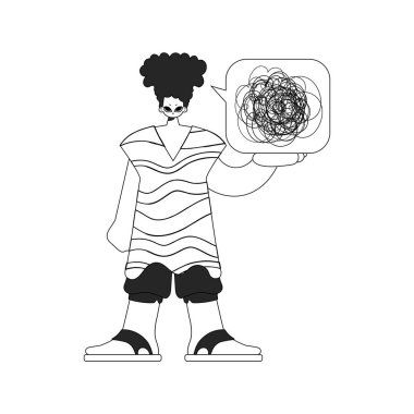 Displeased man demonstrates confused thoughts. Theme of psychology. Linear black and white style.